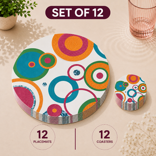 Concentric Pop round paper placemats and coasters set of 12, bold pop art concentric circles, twelve placemats stacked beside twelve matching coasters