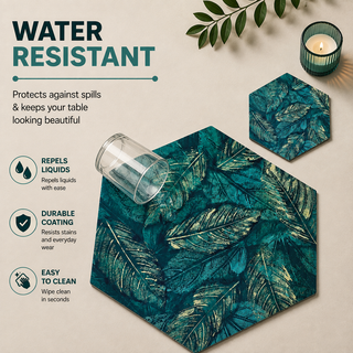 Forest Floor hexagonal paper placemat, teal tropical palm fronds, water resistant surface with liquid beading as a hand wipes it clean, matching coaster alongside