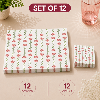 Floral Trellis rectangular paper placemats and coasters set of 12, coral tulip trellis on white, twelve placemats stacked beside twelve matching coasters