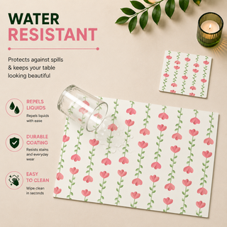 Floral Trellis rectangular paper placemat, coral tulip trellis on white, water resistant surface with liquid beading as a hand wipes it clean, matching coaster alongside