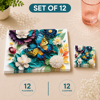 Butterfly Garden rectangular paper placemats and coasters set of 12, pastel botanical florals with butterflies, twelve placemats stacked beside twelve matching coasters