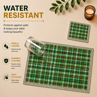 Holiday Threads rectangular paper placemat, green and white Christmas tartan plaid, water resistant surface with liquid beading as a hand wipes it clean, matching coaster alongside
