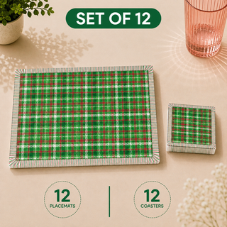 Holiday Threads rectangular paper placemats and coasters set of 12, green and white Christmas tartan plaid, twelve placemats stacked beside twelve matching coasters