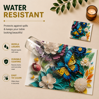 Butterfly Garden rectangular paper placemat, pastel botanical florals with butterflies, water resistant surface with liquid beading as a hand wipes it clean, matching coaster alongside