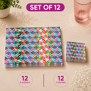 Vibrant Hive rectangular paper placemats and coasters set of 12, rainbow honeycomb hexagon pattern, twelve placemats stacked beside twelve matching coasters