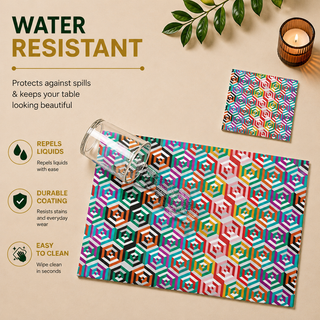 Vibrant Hive rectangular paper placemat, rainbow honeycomb hexagon pattern, water resistant surface with liquid beading as a hand wipes it clean, matching coaster alongside