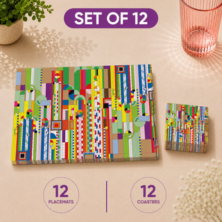 Creative Foundations rectangular paper placemats and coasters set of 12, vibrant abstract vertical stripe collage, twelve placemats stacked beside twelve matching coasters