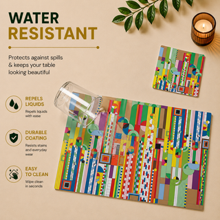 Creative Foundations rectangular paper placemat, vibrant abstract vertical stripe collage, water resistant surface with liquid beading as a hand wipes it clean, matching coaster alongside