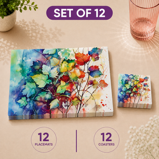 Watercolor Foliage rectangular paper placemats and coasters set of 12, vibrant watercolor autumn maple leaves, twelve placemats stacked beside twelve matching coasters