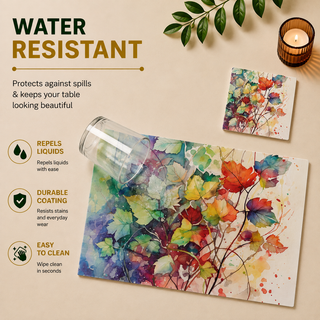 Watercolor Foliage rectangular paper placemat, vibrant watercolor autumn maple leaves, water resistant surface with liquid beading as a hand wipes it clean, matching coaster alongside