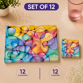 Dream in Color rectangular paper placemats and coasters set of 12, vibrant stained glass watercolor cells, twelve placemats stacked beside twelve matching coasters