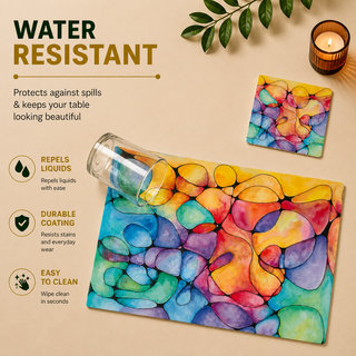 Dream in Color rectangular paper placemat, vibrant stained glass watercolor cells, water resistant surface with liquid beading as a hand wipes it clean, matching coaster alongside