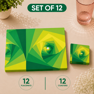 Verdant Spiral rectangular paper placemats and coasters set of 12, green vortex spiral gradient, twelve placemats stacked beside twelve matching coasters