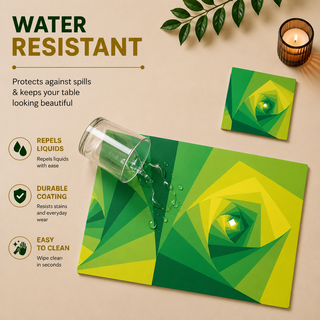 Verdant Spiral rectangular paper placemat, green vortex spiral gradient, water resistant surface with liquid beading as a hand wipes it clean, matching coaster alongside