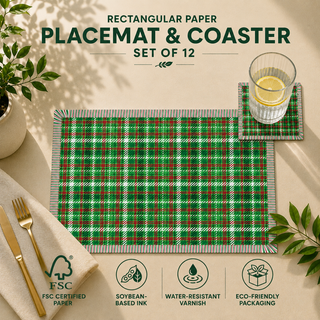 Holiday Threads rectangular paper placemat and coaster set of 12, green and white Christmas tartan plaid, FSC certified paper with soybean based ink and water resistant varnish