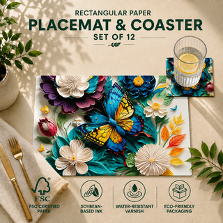 Butterfly Garden rectangular paper placemat and coaster set of 12, pastel botanical florals with butterflies, FSC certified paper with soybean based ink and water resistant varnish