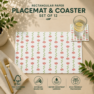 Floral Trellis rectangular paper placemat and coaster set of 12, coral tulip trellis on white, FSC certified paper with soybean based ink and water resistant varnish