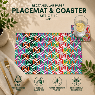 Vibrant Hive rectangular paper placemat and coaster set of 12, rainbow honeycomb hexagon pattern, FSC certified paper with soybean based ink and water resistant varnish