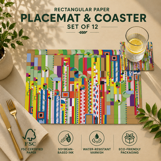 Creative Foundations rectangular paper placemat and coaster set of 12, vibrant abstract vertical stripe collage, FSC certified paper with soybean based ink and water resistant varnish