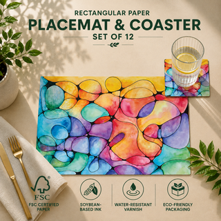 Dream in Color rectangular paper placemat and coaster set of 12, vibrant stained glass watercolor cells, FSC certified paper with soybean based ink and water resistant varnish