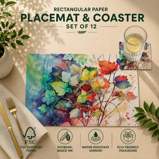 Watercolor Foliage rectangular paper placemat and coaster set of 12, vibrant watercolor autumn maple leaves, FSC certified paper with soybean based ink and water resistant varnish