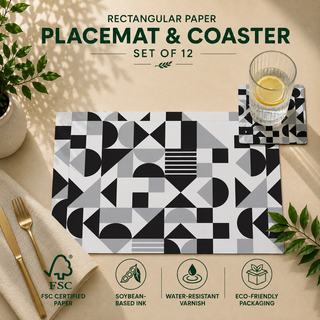 Monochrome Balance rectangular paper placemat and coaster set of 12, black and white Bauhaus geometric shapes, FSC certified paper with soybean based ink and water resistant varnish