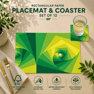 Verdant Spiral rectangular paper placemat and coaster set of 12, green vortex spiral gradient, FSC certified paper with soybean based ink and water resistant varnish