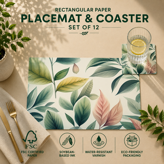 Pastel Foliage rectangular paper placemat and coaster set of 12, soft pastel green and pink leaves, FSC certified paper with soybean based ink and water resistant varnish