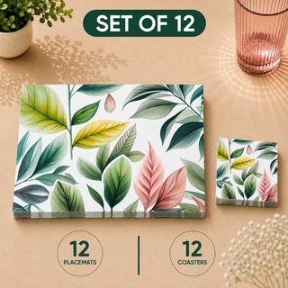 Pastel Foliage rectangular paper placemats and coasters set of 12, soft pastel green and pink leaves, twelve placemats stacked beside twelve matching coasters