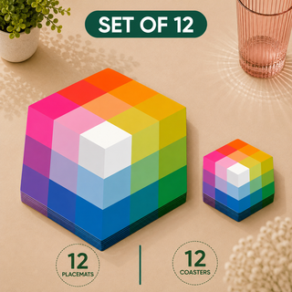 Optic Prism hexagonal paper placemats and coasters set of 12, rainbow faceted prism geometry, twelve placemats stacked beside twelve matching coasters