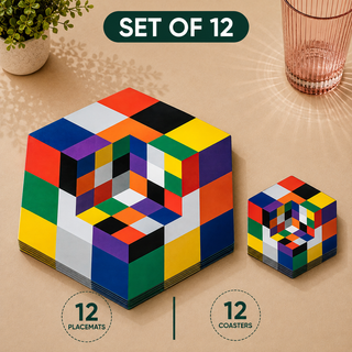 Cubist Blocks hexagonal paper placemats and coasters set of 12, colorful 3D cubist color blocks, twelve placemats stacked beside twelve matching coasters