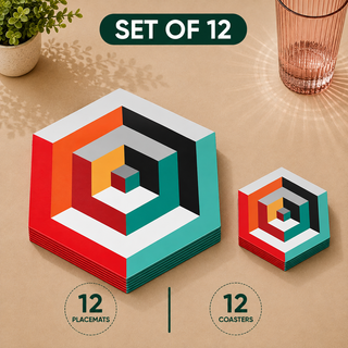 Hexa Illusion hexagonal paper placemats and coasters set of 12, 3D op art geometric arches in red teal and black, twelve placemats stacked beside twelve matching coasters