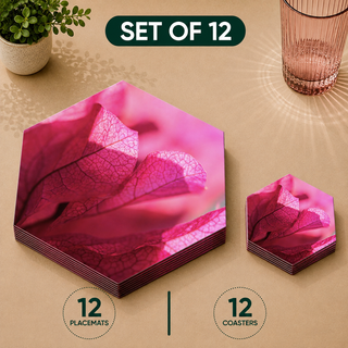 Pink Veins hexagonal paper placemats and coasters set of 12, magenta veined leaf macro, twelve placemats stacked beside twelve matching coasters