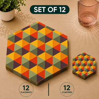 Autumn Geometry hexagonal paper placemats and coasters set of 12, autumn triangle mosaic in orange red and teal, twelve placemats stacked beside twelve matching coasters