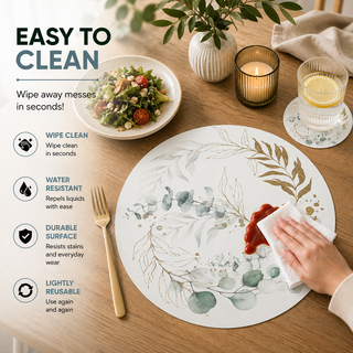 Featherlight round paper placemat, delicate gold sprigs and sage eucalyptus, easy to clean as a hand wipes a spill beside a styled place setting
