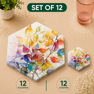 Painted Foliage hexagonal paper placemats and coasters set of 12, rainbow watercolor autumn leaves, twelve placemats stacked beside twelve matching coasters
