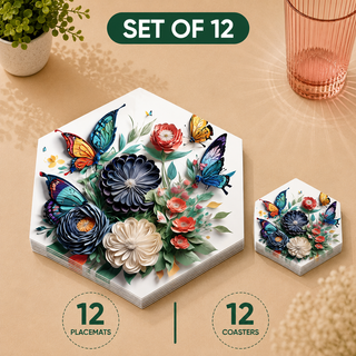 Botanic Dance hexagonal paper placemats and coasters set of 12, navy 3D florals and butterflies, twelve placemats stacked beside twelve matching coasters