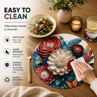 Enchanted Garden round paper placemat, sculpted red and white florals with teal foliage, easy to clean as a hand wipes a spill beside a styled place setting