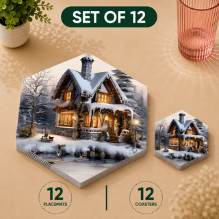 Winter Haven hexagonal paper placemats and coasters set of 12, snowy winter village landscape, twelve placemats stacked beside twelve matching coasters
