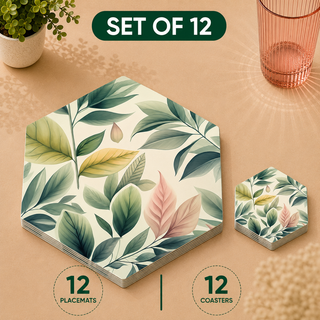 Pastel Foliage hexagonal paper placemats and coasters set of 12, soft pastel green and pink leaves, twelve placemats stacked beside twelve matching coasters