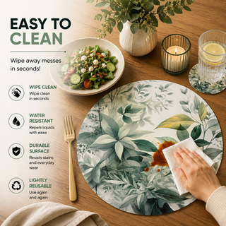 Tranquil Foliage round paper placemat, soft teal and green botanical swirl, easy to clean as a hand wipes a spill beside a styled place setting