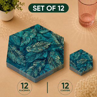 Forest Floor hexagonal paper placemats and coasters set of 12, teal tropical palm fronds, twelve placemats stacked beside twelve matching coasters