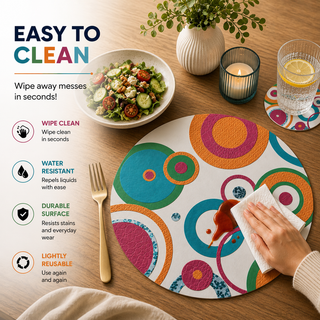 Concentric Pop round paper placemat, bold pop art concentric circles, easy to clean as a hand wipes a spill beside a styled place setting