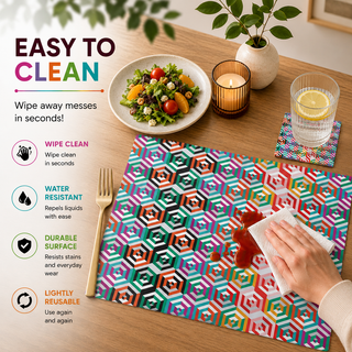 Vibrant Hive rectangular paper placemat, rainbow honeycomb hexagon pattern, easy to clean as a hand wipes a spill beside a styled place setting