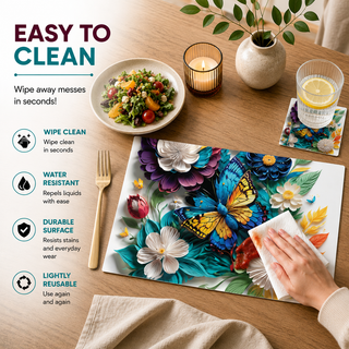 Butterfly Garden rectangular paper placemat, pastel botanical florals with butterflies, easy to clean as a hand wipes a spill beside a styled place setting