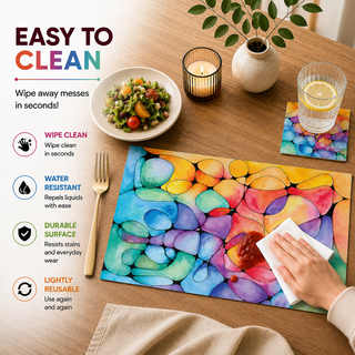 Dream in Color rectangular paper placemat, vibrant stained glass watercolor cells, easy to clean as a hand wipes a spill beside a styled place setting