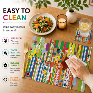 Creative Foundations rectangular paper placemat, vibrant abstract vertical stripe collage, easy to clean as a hand wipes a spill beside a styled place setting