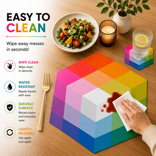 Optic Prism hexagonal paper placemat, rainbow faceted prism geometry, easy to clean as a hand wipes a spill beside a styled place setting