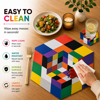 Cubist Blocks hexagonal paper placemat, colorful 3D cubist color blocks, easy to clean as a hand wipes a spill beside a styled place setting