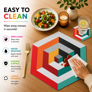 Hexa Illusion hexagonal paper placemat, 3D op art geometric arches in red teal and black, easy to clean as a hand wipes a spill beside a styled place setting